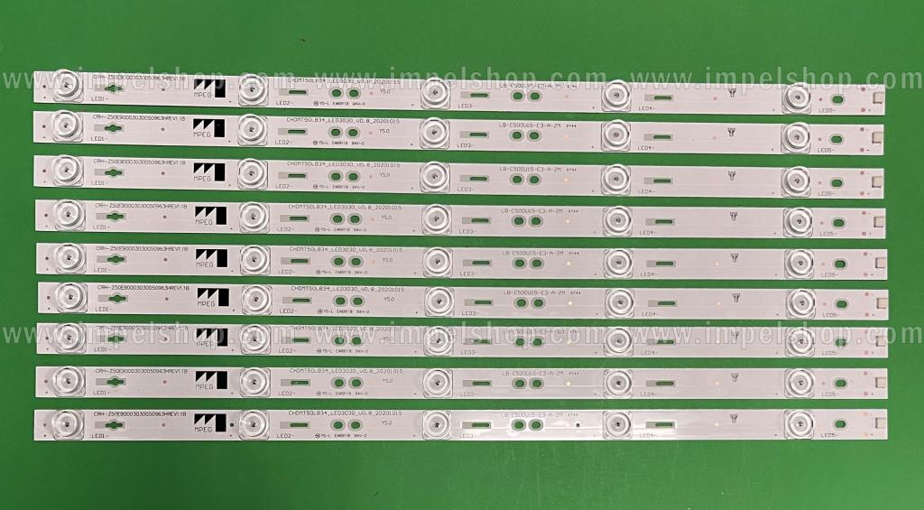 Zestaw listew LED do naprawy podświetlenia telewizora CHANGHONG 50" zestaw 9szt X RF-AC500E30-0501 , LB-C500U15-E3-A-ZM , CHDMT50LB34_LED3030_V0.8 , CRH-Z50E90003030050963HREV1.1B , 5LED , 3V , 485MM