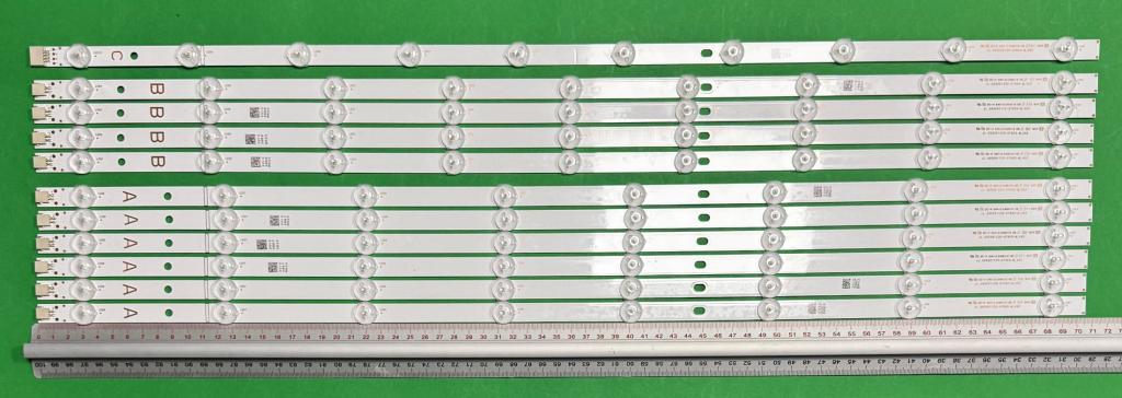 Zestaw listew LED do naprawy podświetlenia telewizora VESTEL 65" zestaw 11 szt , 6szt X JL.D65081330-078AS-M_V02 A 8LED & 4szt X JL.D65091330-078AS-M_V02 B 9LED & 1szt X JL.D65052330-078AS-M_V02 C 10 LED , 707MM , 3V ,